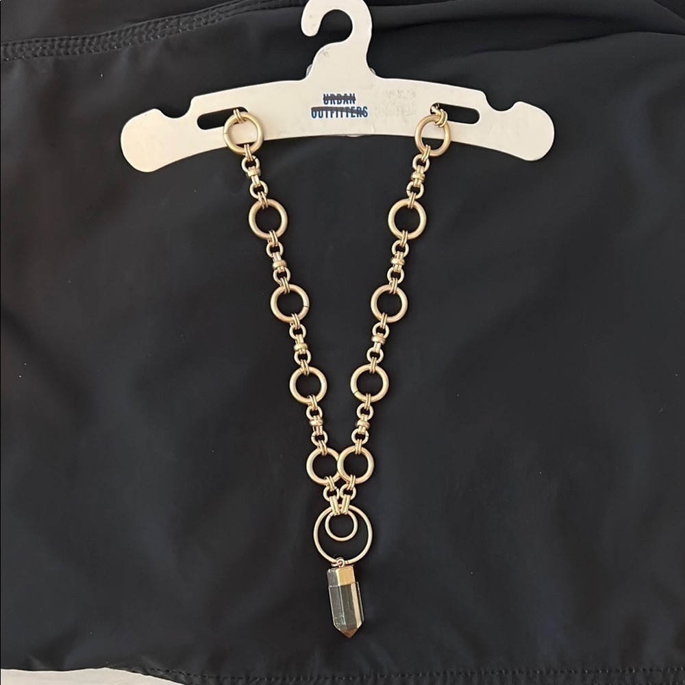 Gold Tone Chain Necklace with Crystal Like Pendant